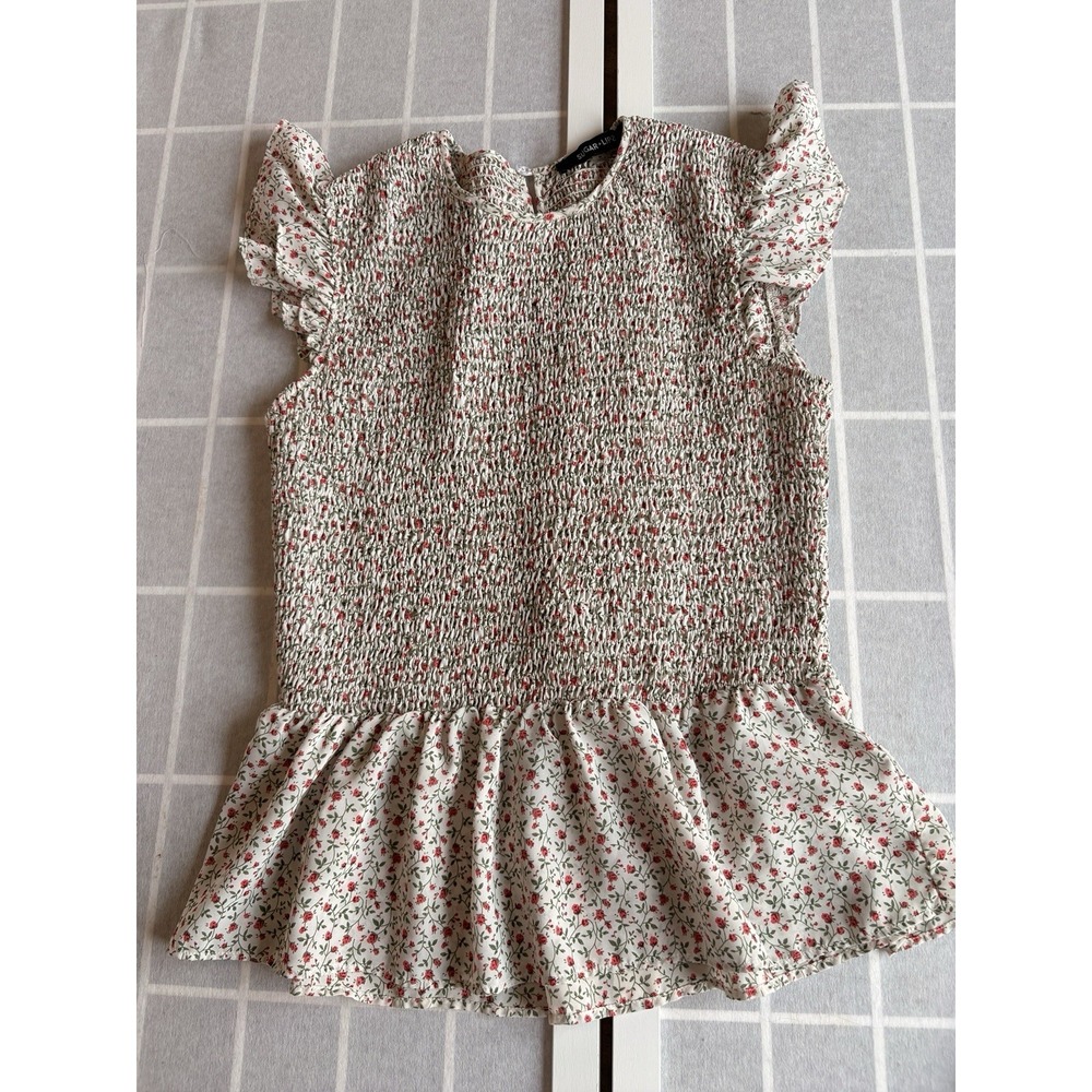 Smocked Ruffled Peplum Cap Sleeve Floral Cottagecore Feminine Boho Top Sz Medium - Picture 1 of 6